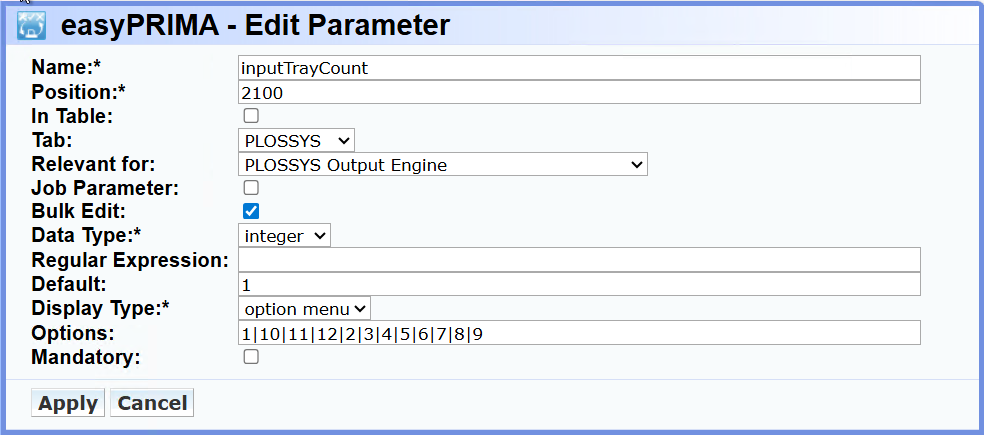 custom parameter inputTrayCount in easyPRIMA